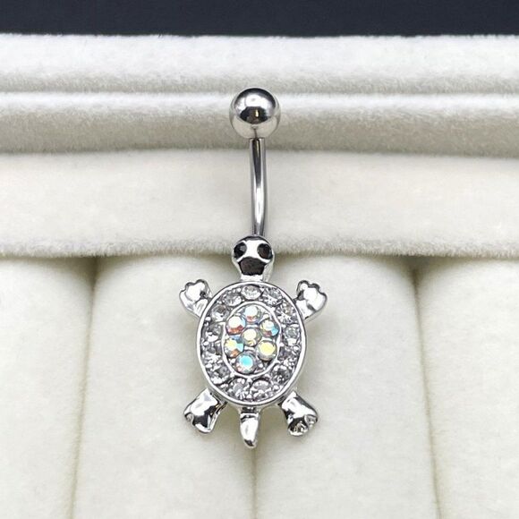 316L Stainless Steel with AB and Diamond Cubic Zirconia Sea Turtle Belly Ring - Picture 4 of 7